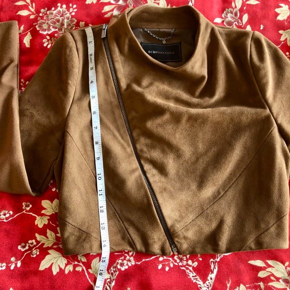 BCBGMaxAzria Vintage Cropped Vegan Suede Toffee Brown Moto Jacket - Size XXS - Picture 11 of 15